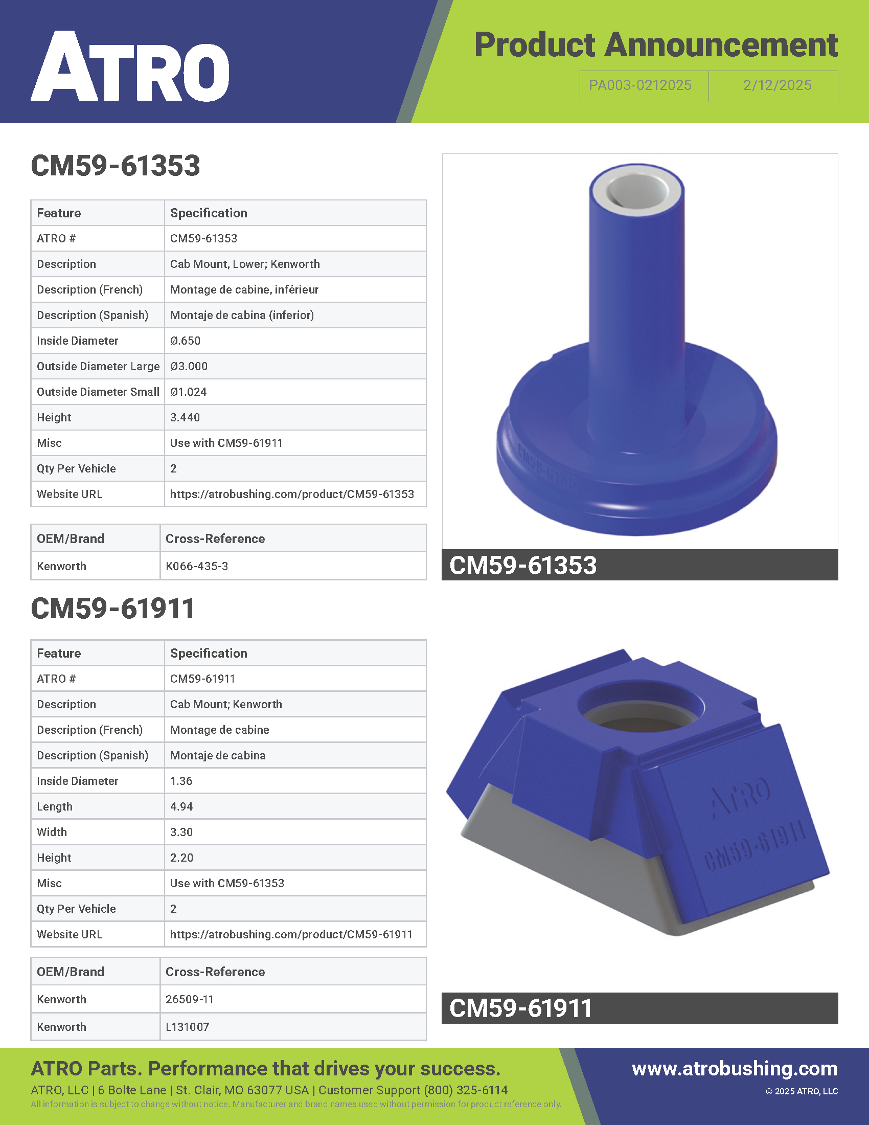 PA003-0212025 CM59-61353 and CM59-61911 Cab Mount; Kenworth