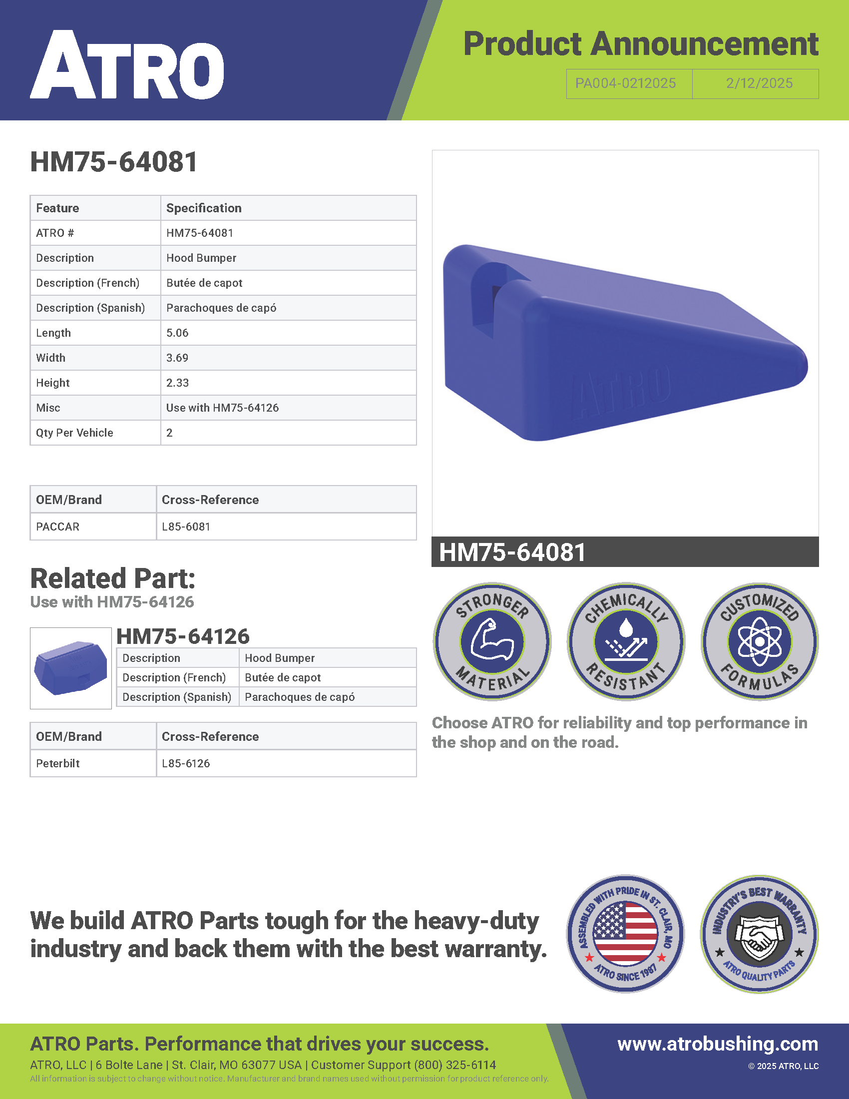 PA004-021225 HM75-64081 Hood Bumper