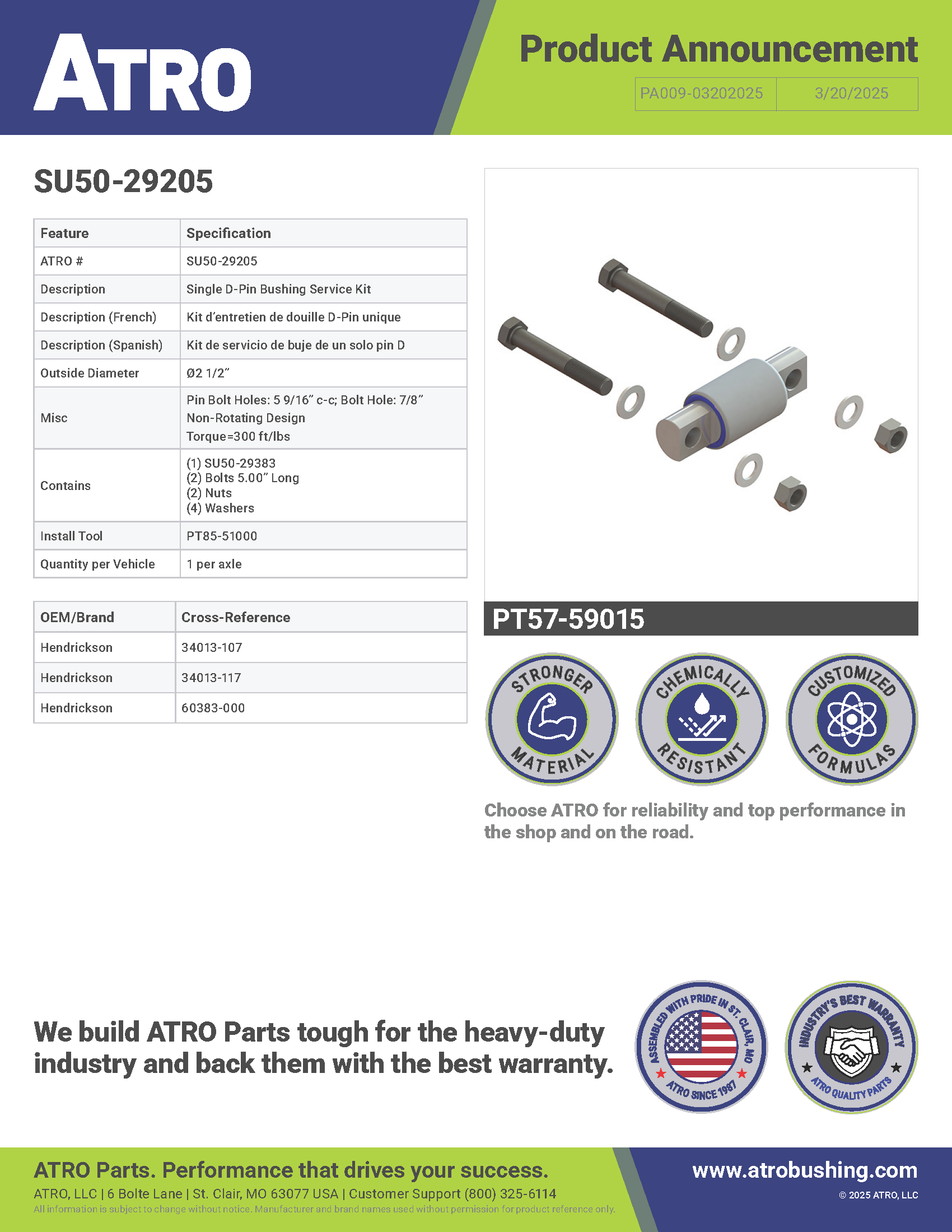 SU50-29205 Single D-Pin Bushing Service Kit PA009-03202025