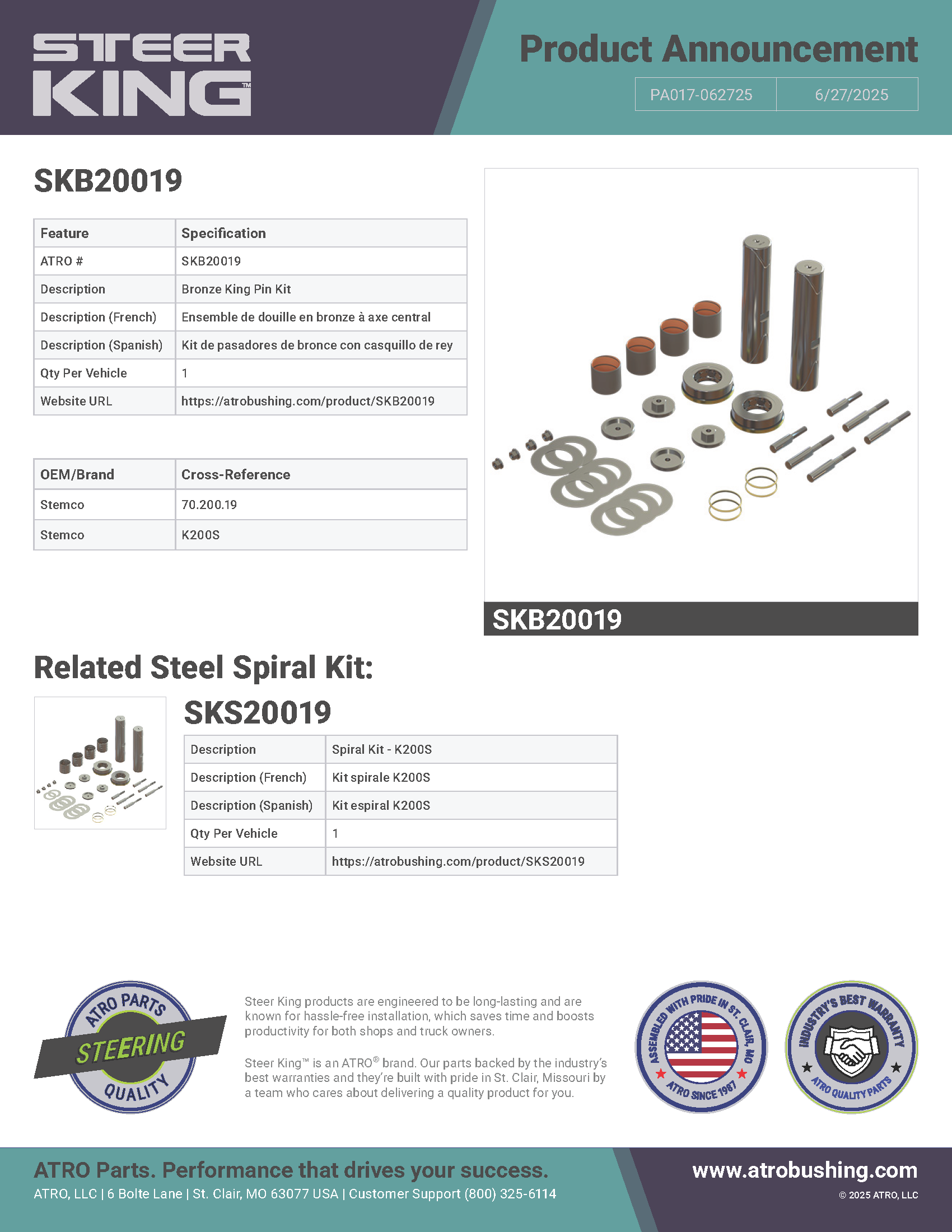 PA017-062725 SKB20019 Bronze King Pin Kit