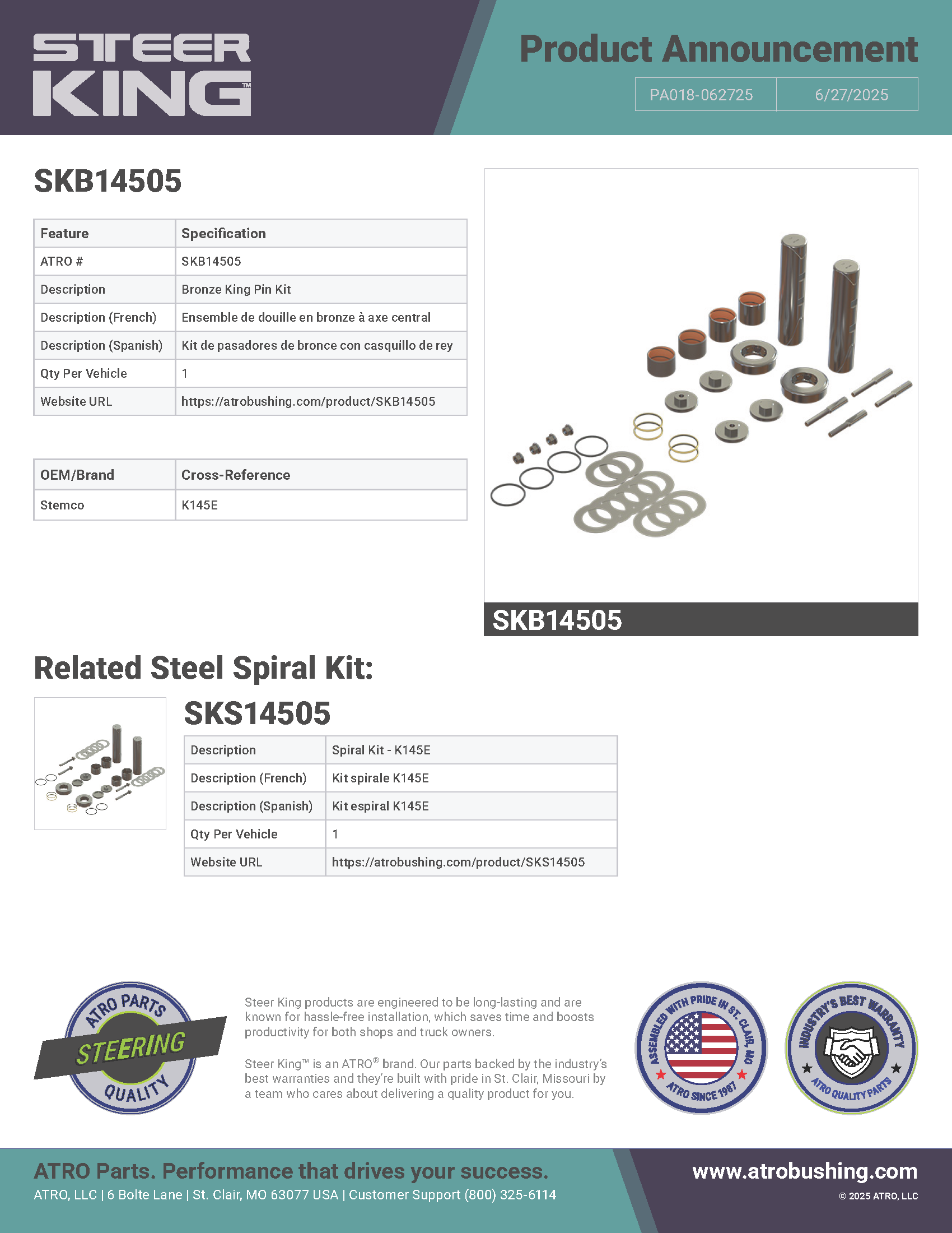 PA018-062725 SKB14505 Bronze King Pin Kit